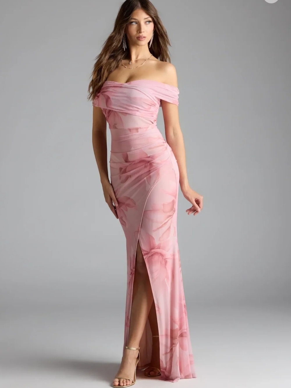 Windsor Pink Off the Shoulder Floral Slit Gown
